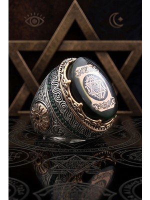 Prestige Hz. Süleyman Mührü 925 Ayar Gümüş Yüzük Sıkma Kehribar Taşlı 902634