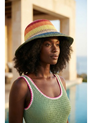 Bony Socks Kadın Renkli Örgülü Hasır Şapka Çok Renkli