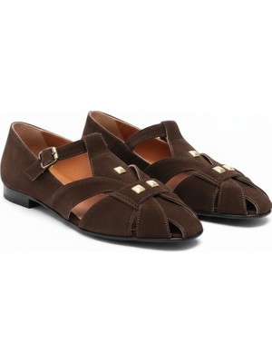 Ne&Ve Shoes Kahve Süet Aksesuar Detaylı Tokalı Kadın Sandalet