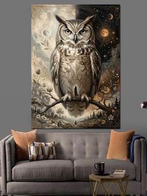 Tablomega Dal Üzerinde Duran Bilge Baykuş Dekoratif Kanvas - Mdf Ahşap Tablo