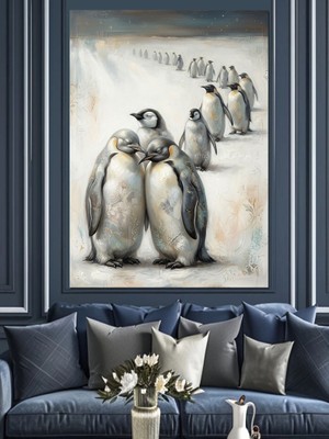 Artmeg Karlar Üzerinde Yürüyen Penguen Ailesi Dekoratif Kanvas - Mdf Ahşap Tablo