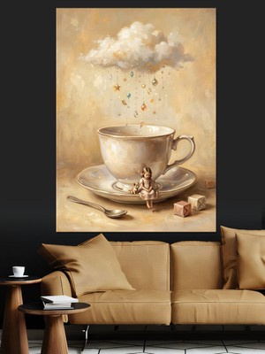 Tablomega Bulutlu Çay Fincanı Sürreal Sanat Dekoratif Kanvas - Mdf Ahşap Tablo