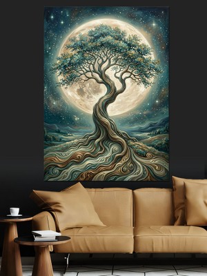 Artmeg Mistik Gece ve Hayat Ağacı Dekoratif Kanvas - Mdf Ahşap Tablo
