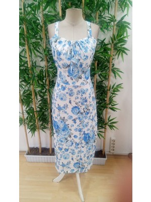 Amorluxe Kadın Askılı Geniş V Yakalı Sırttan Bağlamalı Yırtmaçlı Süprem Elbise