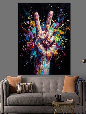 Artmeg Renk Patlamalı Zafer Işareti Eli Dekoratif Kanvas - Mdf Ahşap Tablo