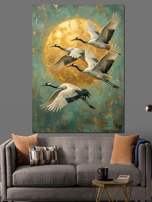 Tablomega Altın Ay Önünde Uçan Turnalar Dekoratif Kanvas - Mdf Ahşap Tablo