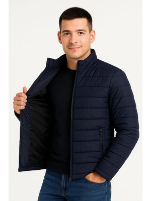 Pileli Store Bomber Mont Ceket – Su Itici Kumaş, Kapitone Astarlı, Fermuarlı, Kışlık - Lacivert -