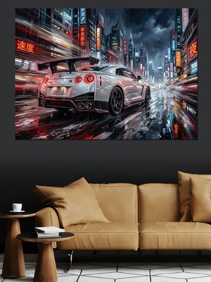 Artmeg Şehir Işıklarında Spor Araba Yarışı Dekoratif Kanvas - Mdf Ahşap Tablo