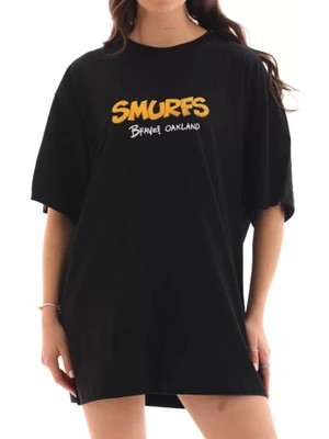 Amorluxe Unisex Bisiklet Yaka Baskılı Oversize T-Shirt - Siyah