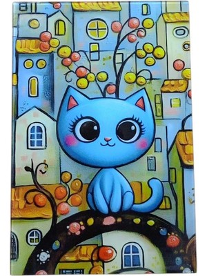 Hediyegeldi Sevimli Mavi Kedi ve Masalsı Şehir Cam Tablo 20*30