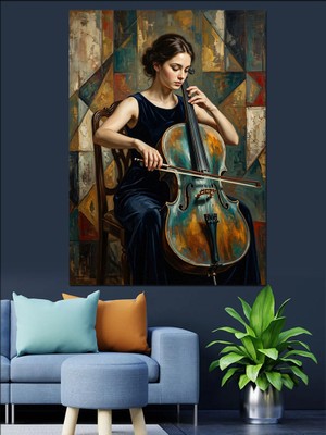 Artmeg Çello Çalan Şık Kadın Sanatçı Dekoratif Kanvas - Mdf Ahşap Tablo