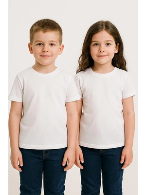 Luess Unisex Çocuk %100 Pamuklu Bisiklet Yaka Basict-Shirt (3 Yaş - 7 Yaş)