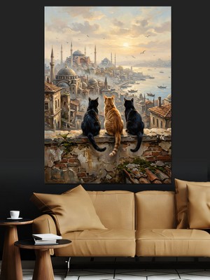 Artmeg Istanbul Boğazında Üç Sevimli Kedi Dekoratif Kanvas - Mdf Ahşap Tablo