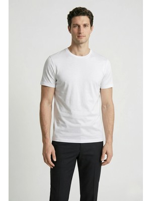 Odelon Erkek Bisiklet Yaka Premium %100 Merserize Pamuk T-Shirt Beyaz