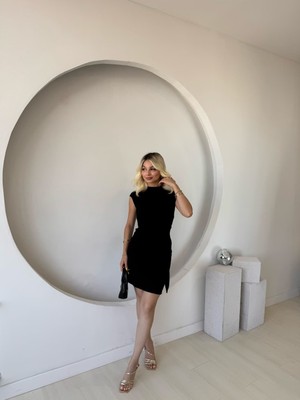 Amorluxe Kadın Kısa Kap Kollu Bisiklet Yaka Belden Bağlamalı Modal Mini Elbise