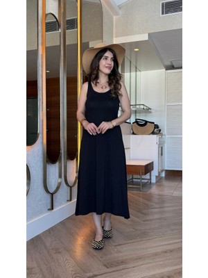 Amorluxe Kadın Askılı Yuvarlak Yakalı Viskon Elbise