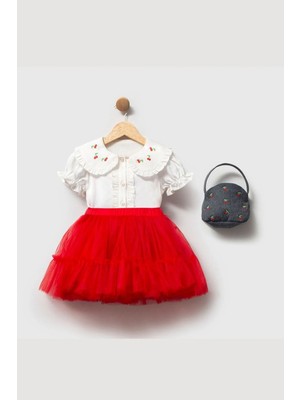 Cantoy Kiraz Nakışlı Gömlek ve Kırmızı Tütü Takım Çanta Hediyeli