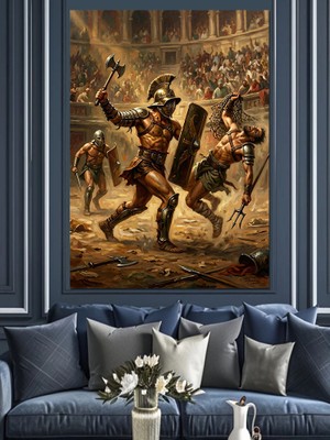 Tablomega Kolezyumda Savaşan Antik Roma Gladyatörleri Dekoratif Kanvas - Mdf Ahşap Tablo