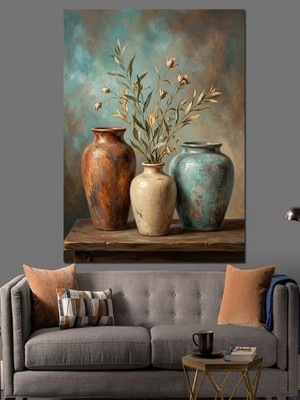 Artmeg Masada Vazoda Bitkiler Dekoratif Kanvas - Mdf Ahşap Tablo