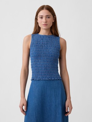 Gap Kadın Mavi Smocked Kolsuz Botneck Bluz