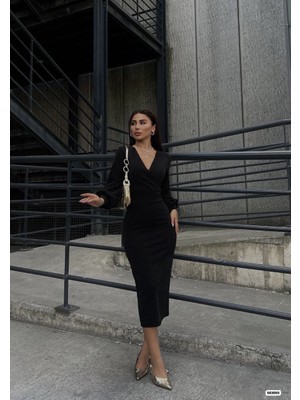 Amorluxe Kadın Kruvaze Yaka Balon Kol Simli Krep Kumaş Midi Boy Elbise