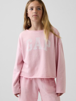 Gap Kız Çocuk Pembe Fransız Havlu Kumaş Wide-Neck Logo Sweatshirt