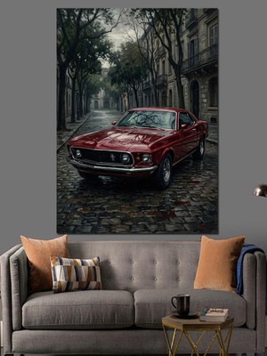 Tablomega Yağmurlu Gecede Klasik Kırmızı Araba Dekoratif Kanvas - Mdf Ahşap Tablo