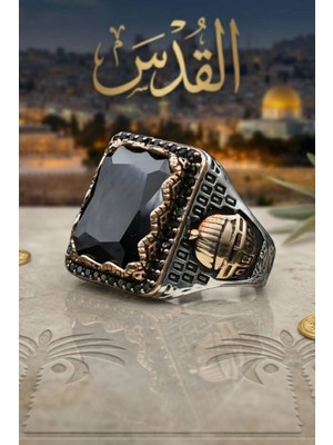 Prestige Mescidi Aksa ve Selahaddin Eyyubi Siyah Zirkon Taşlı 925 Ayar Gümüş Erkek Yüzük 902637