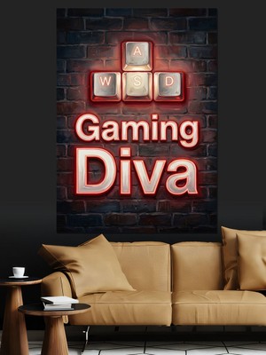 Artmeg Gaming Diva Yazılı Neon Tasarım Dekoratif Kanvas - Mdf Ahşap Tablo