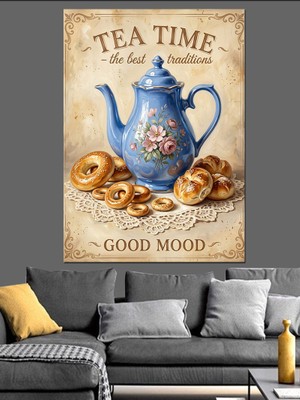 Tablomega Tea Time Vintage Çay Tabelası Dekoratif Kanvas - Mdf Ahşap Tablo