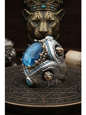 Prestige Hz. Süleyman Mührü 925 Ayar Gümüş Yüzük Aquamarine Taşlı Aslan Figürlü 902648