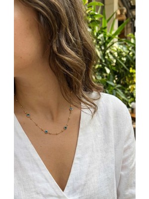 316L Çelik Gold Renk Nazarlı ve Topçuklu Model Kadın Kolye - Lisinya