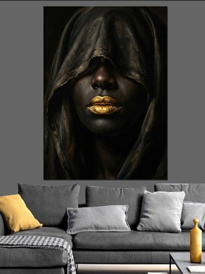 Artmeg Siyah Peçeli Altın Dudaklı Kadın Dekoratif Kanvas - Mdf Ahşap Tablo