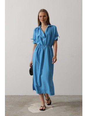 Amorluxe Beli Lastikli Elbise - Mavi