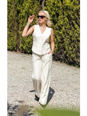 Unique Çizgili Keten Kumaş Palazzo Pantolon