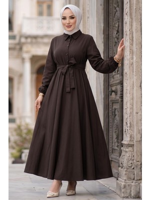 Hafsa Mina Kuşaklı Mevlana Elbise Acı Kahve HM2105