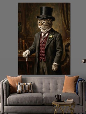 Artmeg Silindir Şapkalı Aristokrat Kedi Portresi Dekoratif Kanvas - Mdf Ahşap Tablo
