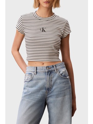 Calvin Klein Pamuklu Slim Fit Çizgili Yuvarlak Yaka T Shirt LV047F833GXDY Bayan T Shirt LV047F833G Xdy