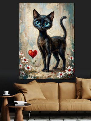 Tablomega Kalpli ve Çiçekli Siyah Kedi Dekoratif Kanvas - Mdf Ahşap Tablo