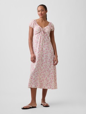 Gap Kadın Pembe Print Puff Sleeve Midi Elbise