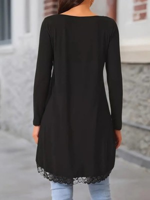 Amorluxe Kadın Uzun Kollu Bisiklet Yaka Asimetrik Kesim Detaylı Dantelli Viskon Bluz