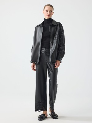 Unique Paçası Nakış Detaylı Deri Pantolon