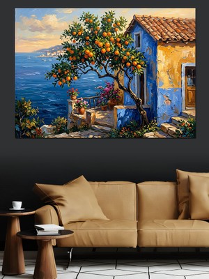Artmeg Deniz Kenarında Mavi Akdeniz Evi Dekoratif Kanvas - Mdf Ahşap Tablo