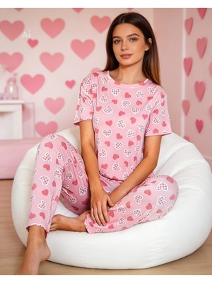 NiCe İç Giyim Bisiklet Yaka Pembe Renk Kalp Desen Milan Kumaş Yumuşak Kadın Pijama Takım