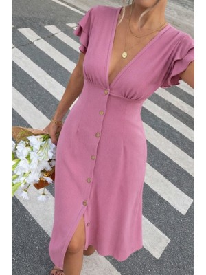 Amorluxe Kadın Kısa Kollu V Yakalı Önden Düğmeli Bürümcük Midi Elbise