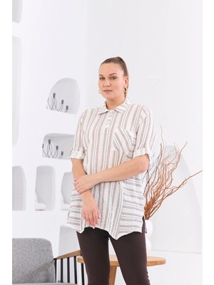 Rmg Asimetrik Kesim Müslin Kumaş Çizgili Büyük Beden Vizon Tunik