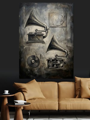 Artmeg Nostaljik Gramofon ve Müzik Notaları Dekoratif Kanvas - Mdf Ahşap Tablo