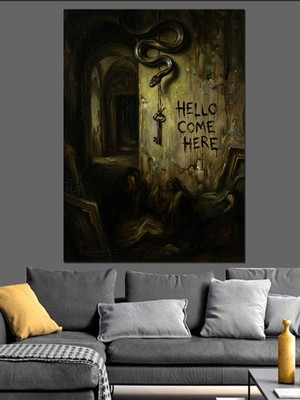 Artmeg Karanlık Ormanda Hello Come Here Yazısı Dekoratif Kanvas - Mdf Ahşap Tablo