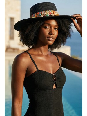 Bony Socks Kadın Deniz Kabuklu Hasır Şapka Siyah