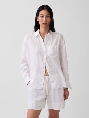 Gap Kadın Beyaz 100% Keten Oversize Gömlek